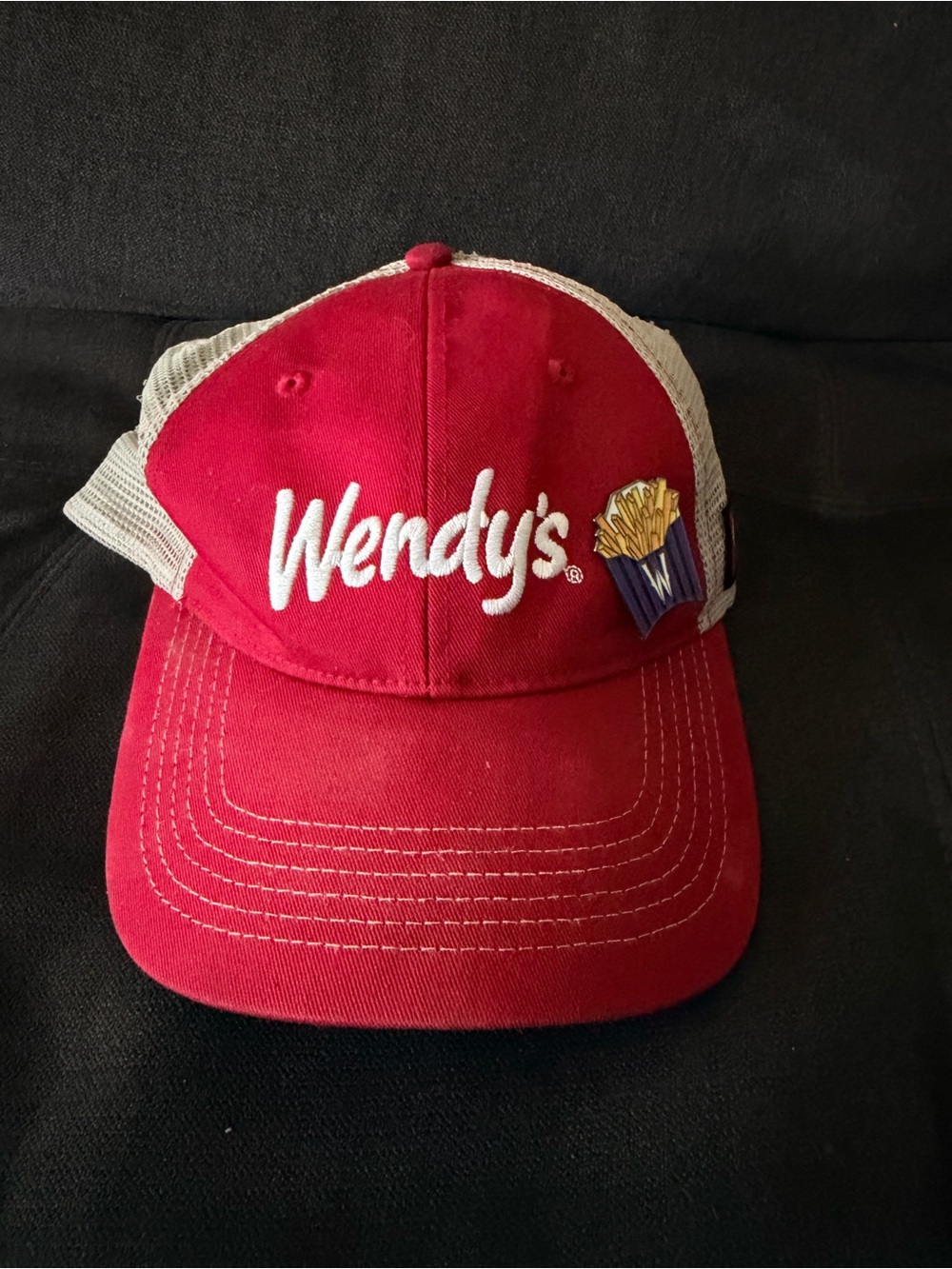 Wendy's Employee Red Mesh-Back Trucker Hat with Pin